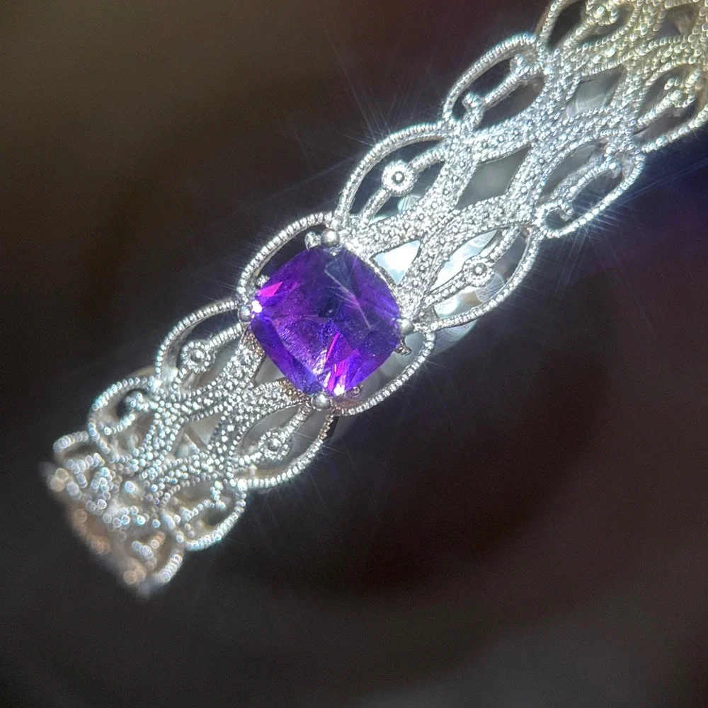 BR Amethyst Purple Stone Filigree Bangle Bracelet Silver Tone Vintage Style